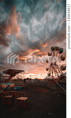 Deserted carnival rusted rides faded colors eerie sunset dramatic sky empty chairs Deserted carnival rusted rides faded colors eerie sunset dramatic sky empty chairs 130639817