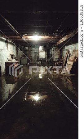 Flooded basement old building murky water reflection damaged furniture abandoned atmosphere Flooded basement old building murky water reflection damaged furniture abandoned atmosphere 130639819