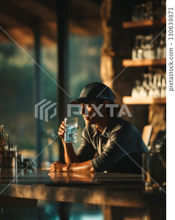 Man Enjoying Refreshing Drink in Modern Bar During Golden Hour Light 130639871