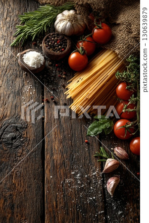 Fresh Ingredients for Italian Cuisine with Pasta, Tomatoes, Garlic, and Herbs 130639879