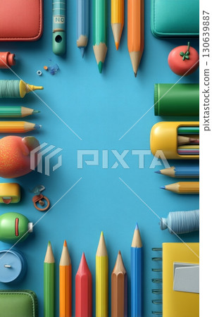 Bright and Colorful Stationery Items Arranged on Vibrant Blue Background 130639887