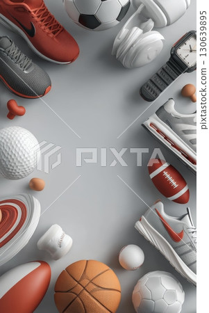 Assorted Sports Equipment and Footwear Arranged on Grey Background for Fitness Themes Assorted Sports Equipment and Footwear Arranged on Grey Background for Fitness Themes 130639895
