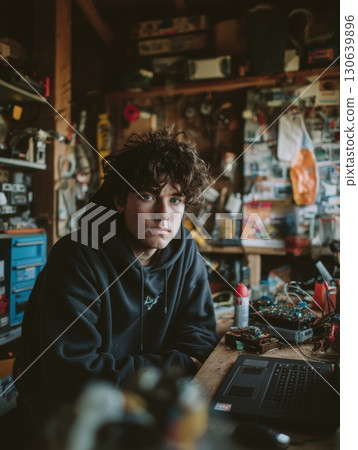 Contemplative Young Person in Cozy Workshop Surrounded by Tools and Gadgets Contemplative Young Person in Cozy Workshop Surrounded by Tools and Gadgets 130639896