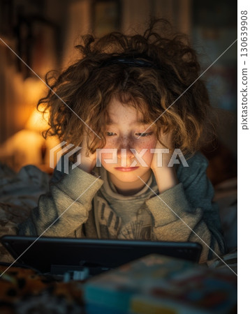 Focused Child Engaged with Technology in Cozy Indoor Setting at Evening Time 130639908