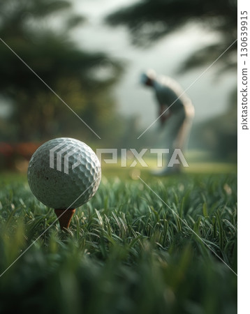 Close-up of Golf Ball on Tee with Golfer Preparing for Swing in Background 130639915