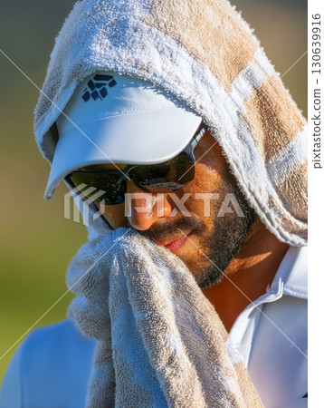 Close-Up of a Golfer with Towel Over Head in Bright Outdoor Setting 130639916