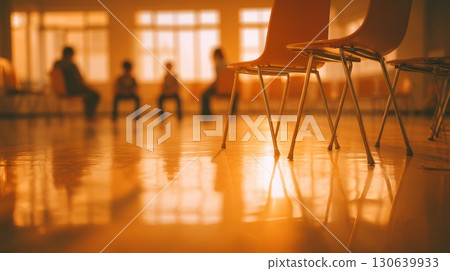 Empty Chairs in Classroom with Warm Light Casting Shadows on the Floor 130639933