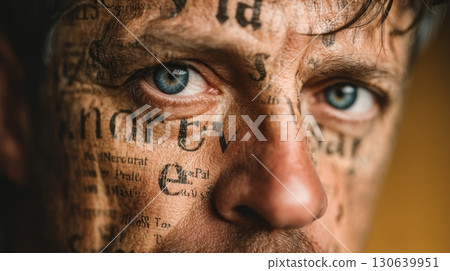 Man with Text Patterns on Face Symbolizing Identity and Expression through Art Man with Text Patterns on Face Symbolizing Identity and Expression through Art 130639951