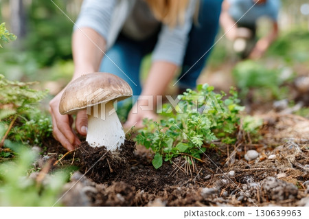 Close-up of a person harvesting a large porcini mushroom in the forest, surrounded by green plants and soil, enjoying outdoor foraging in nature 130639963