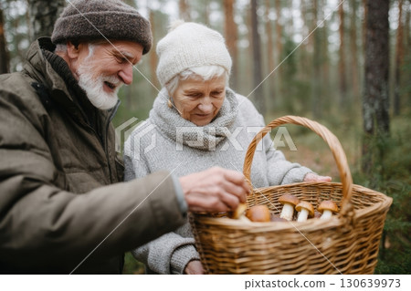 Senior couple enjoying mushroom picking in an autumn forest, holding a wicker basket full of freshly foraged mushrooms, dressed warmly for a cozy outdoor activity together Senior couple enjoying mushroom picking in an autumn forest, holding a wicker basket full of freshly foraged mushrooms, dressed warmly for a cozy outdoor activity together 130639973