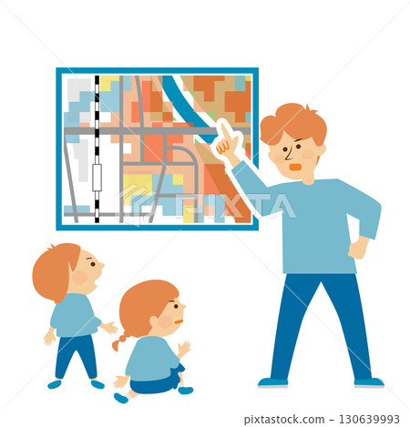 Disaster Prevention: Illustration of a family checking evacuation routes on a hazard map Disaster Prevention: Illustration of a family checking evacuation routes on a hazard map 130639993