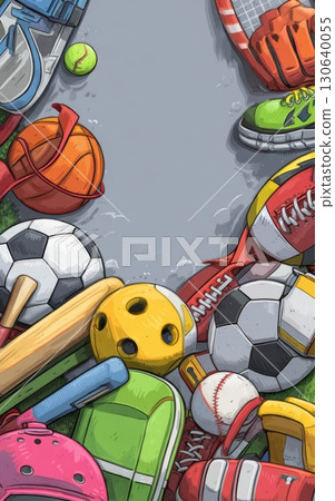 Colorful Collection of Various Sports Equipment on Grass Background 130640055