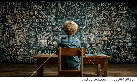 Child Sitting at a Desk in Front of a Wall Covered with Abstract Symbols and Letters Child Sitting at a Desk in Front of a Wall Covered with Abstract Symbols and Letters 130640056