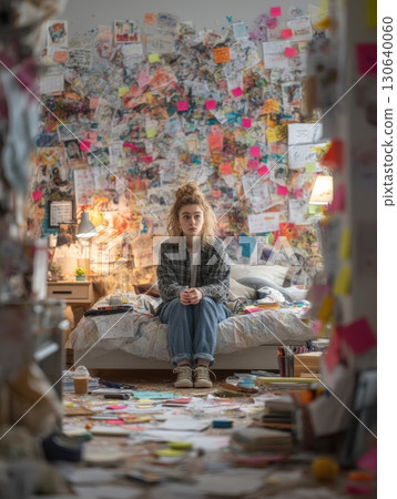 Young Woman Sitting Amidst a Messy Room Full of Notes and Personal Items 130640060