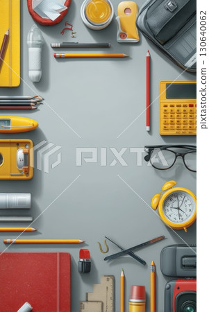 Colorful Office Supplies Arrangement on Gray Background with Various Stationery Items Colorful Office Supplies Arrangement on Gray Background with Various Stationery Items 130640062