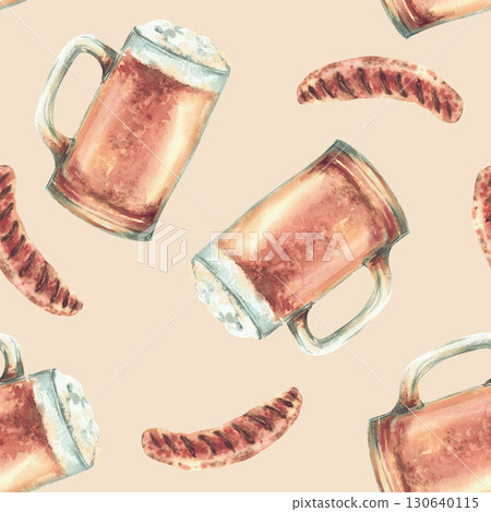 Sausage and beer mug watercolor seamless pattern. Grilled meat and foamy drink. Hand painted food snack illustration for restaurant, Oktoberfest menu, eat packaging Isolated beige coloured background Sausage and beer mug watercolor seamless pattern. Grilled meat and foamy drink. Hand painted food snack illustration for restaurant, Oktoberfest menu, eat packaging Isolated beige coloured background 130640115
