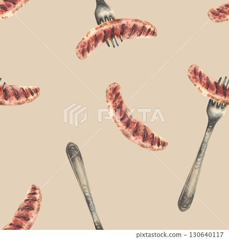 Watercolor Sausage on fork seamless pattern. Hand drawn food snack illustration for restaurant, Oktoberfest menu, eat packaging, labelling. Grilled meat design on isolated beige coloured background Watercolor Sausage on fork seamless pattern. Hand drawn food snack illustration for restaurant, Oktoberfest menu, eat packaging, labelling. Grilled meat design on isolated beige coloured background 130640117