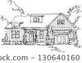 hand drawn architectural sketch of beautiful old classic detached village house with garden  and trees and lots of weed 130640160