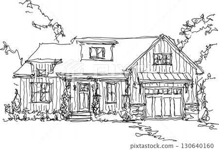 hand drawn architectural sketch of beautiful old classic detached village house with garden  and trees and lots of weed 130640160