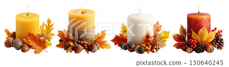 Set of isolated candle with decorations isolated on transparent background for autumn season and Thanksgiving. 130640245