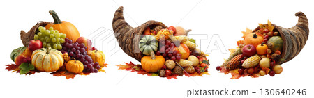 Set of isolated Cornucopia basket isolated on transparent background for autumn season and Thanksgiving. 130640246