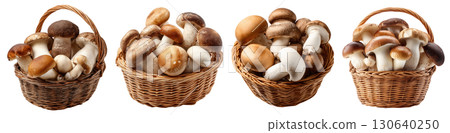 Set of isolated basket with mixed mushrooms on transparent background for cooking and food ingredient design. 130640250