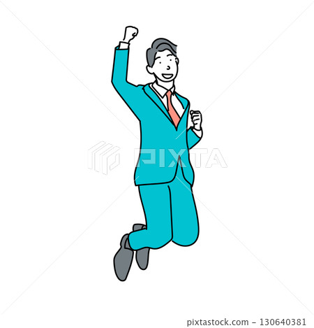 Stock Illustration: A businessman in a suit jumping with a fist pump 130640381