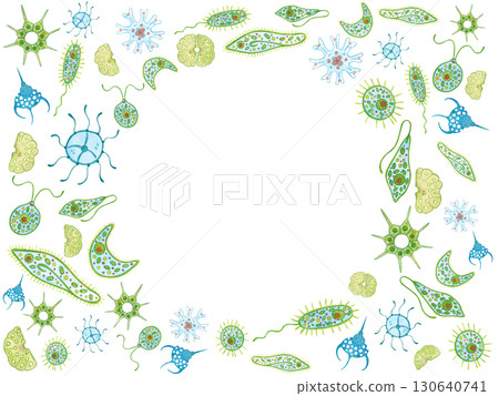 Frame of unicellular organisms, photoplankton, zooplankton. Watercolor illustration drawn, cartoon, hand-made. For stickers, biology and ecology manuals. Sea, organism, ocean, plankton, swim Frame of unicellular organisms, photoplankton, zooplankton. Watercolor illustration drawn, cartoon, hand-made. For stickers, biology and ecology manuals. Sea, organism, ocean, plankton, swim 130640741