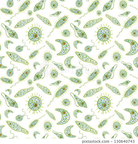 Seamless pattern with unicellular organisms, photoplankton, zooplankton. Watercolor illustration, hand drawn, cartoon. For stickers, biology and ecology textbooks. Sea, organism, ocean, plankton, swim Seamless pattern with unicellular organisms, photoplankton, zooplankton. Watercolor illustration, hand drawn, cartoon. For stickers, biology and ecology textbooks. Sea, organism, ocean, plankton, swim 130640743