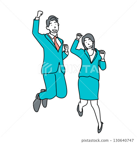 圖庫插圖: 穿著西裝的男性和女性商人勇敢地跳躍 130640747