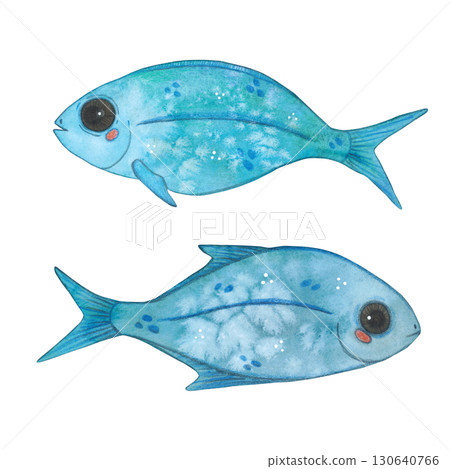 Set of two blue fish looking in opposite directions. Watercolor illustration drawn, cartoon, hand-drawn. For stickers, biology and ecology manuals. Sea, organism, ocean, swim, animal Set of two blue fish looking in opposite directions. Watercolor illustration drawn, cartoon, hand-drawn. For stickers, biology and ecology manuals. Sea, organism, ocean, swim, animal 130640766