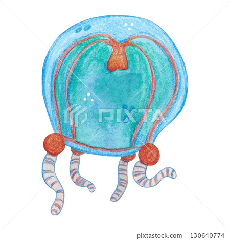 Small blue jellyfish with red digestive tract. Watercolor illustration drawn, cartoon, hand-drawn. For stickers, biology and ecology manuals. Sea, animal, coelenterates, organism, ocean, plankton 130640774