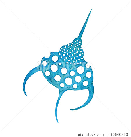 Blue, datom algae, plant unicellular organism. Watercolor illustration drawn, cartoon, made by hand. For stickers, biology and ecology manuals. Sea, organism, ocean, plankton, swim 130640810