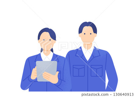 Men and women in work clothes, a woman holding a tablet, an upper body illustration of a worker facing forward 130640913
