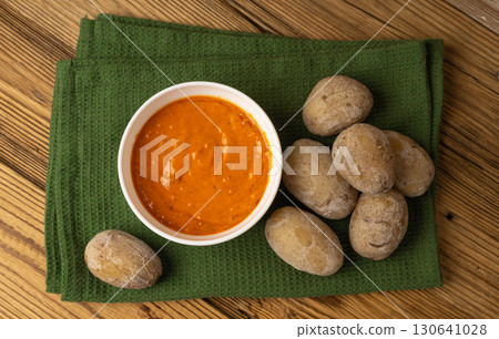 Red mojo rojo and green mojo verde sauces, traditional Tenerife dips, mojo picon dressing 130641028