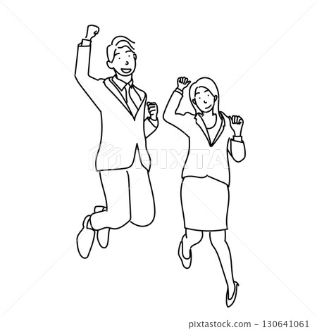 Stock Illustration: Male and female business people line drawings in suits jumping in a guts pose Stock Illustration: Male and female business people line drawings in suits jumping in a guts pose 130641061