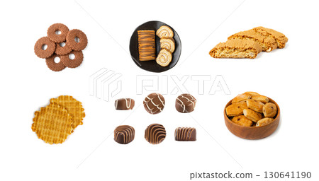 Assorted cakes set isolated. Many biscuit desserts, sweet bakery collage, cookie collection 130641190