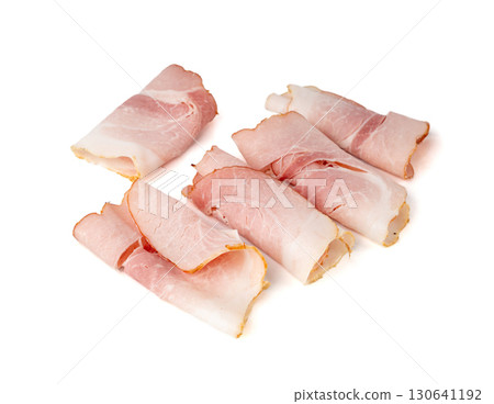 Baked Pork Slices Isolated, Roasted Sliced Loin, Tenderloin Ham Pieces, Boiled Meat Fillet Cuts Baked Pork Slices Isolated, Roasted Sliced Loin, Tenderloin Ham Pieces, Boiled Meat Fillet Cuts 130641192
