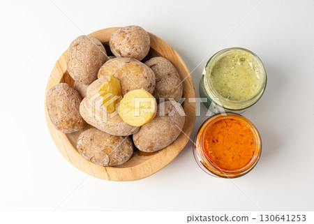 Red mojo rojo and green mojo verde sauces, traditional Tenerife dips, mojo picon dressing 130641253