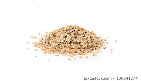 Spelt flakes isolated, dry raw rolled flat oat grains, wheat, oatmeal or bran, barley rye cereals 130641274