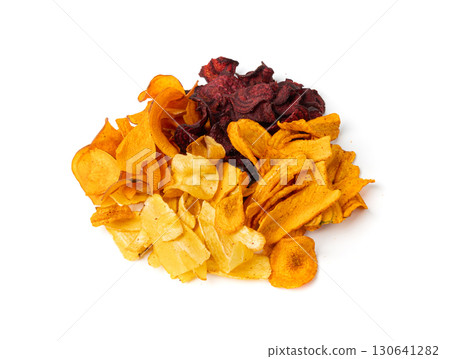 Parsnips, sweet potato, carrot and beetroot chips isolated, dry vegetable root mix, healthy snacks Parsnips, sweet potato, carrot and beetroot chips isolated, dry vegetable root mix, healthy snacks 130641282