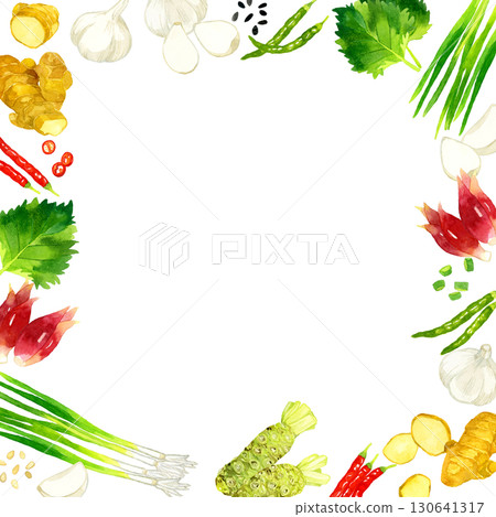 Frame of vegetables used as condiments Hand-drawn watercolor illustration background material Frame of vegetables used as condiments Hand-drawn watercolor illustration background material 130641317