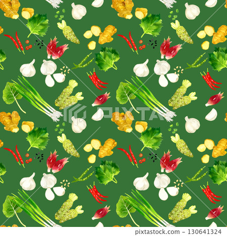 Seamless pattern of condiments and vegetables. Hand-drawn watercolor illustration background material. Seamless pattern of condiments and vegetables. Hand-drawn watercolor illustration background material. 130641324