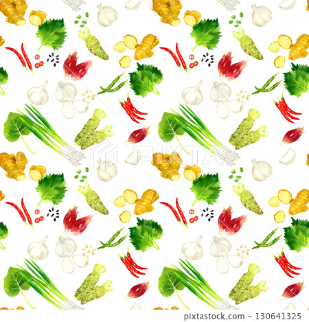 Seamless pattern of condiments and vegetables. Hand-drawn watercolor illustration background material. 130641325