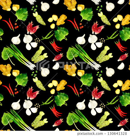 調味品和蔬菜的無縫圖案。手繪水彩插圖背景資料。 130641328