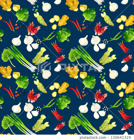Seamless pattern of condiments and vegetables. Hand-drawn watercolor illustration background material. 130641329