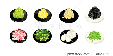 A set of condiments on a black plate - Hand-drawn watercolor illustrations 130641330