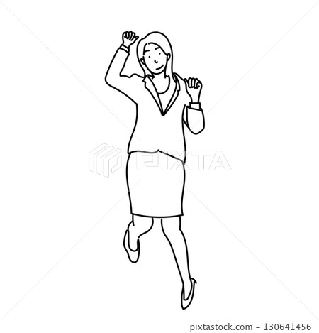 圖庫插圖: 穿著西裝的女商人線畫，用拳頭泵跳躍 130641456