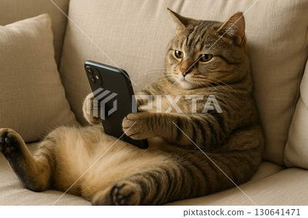 A cat relaxing on the sofa while looking at a smartphone, lazing around, on a holiday 130641471