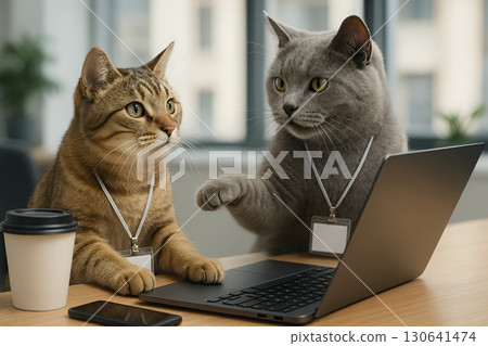辦公室職員在辦公室的筆記型電腦前開會 貓咪商務場景 130641474